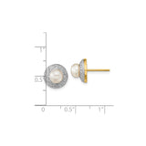 14k Yellow Gold Stud Earrings with White Pearl Center and Cubic Zirconia Accents, Modern Design