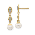 14k Yellow Gold Dangle Earrings with Cultured Pearl Drops and Accent Diamonds, Floral Design