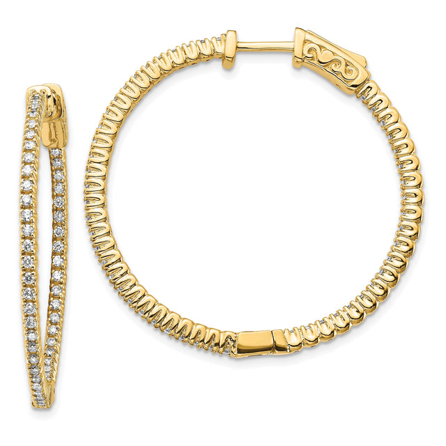 14k Yellow Gold Hoop Earrings with Diamond Accents, Double Row Design, Textured and Polished Finish