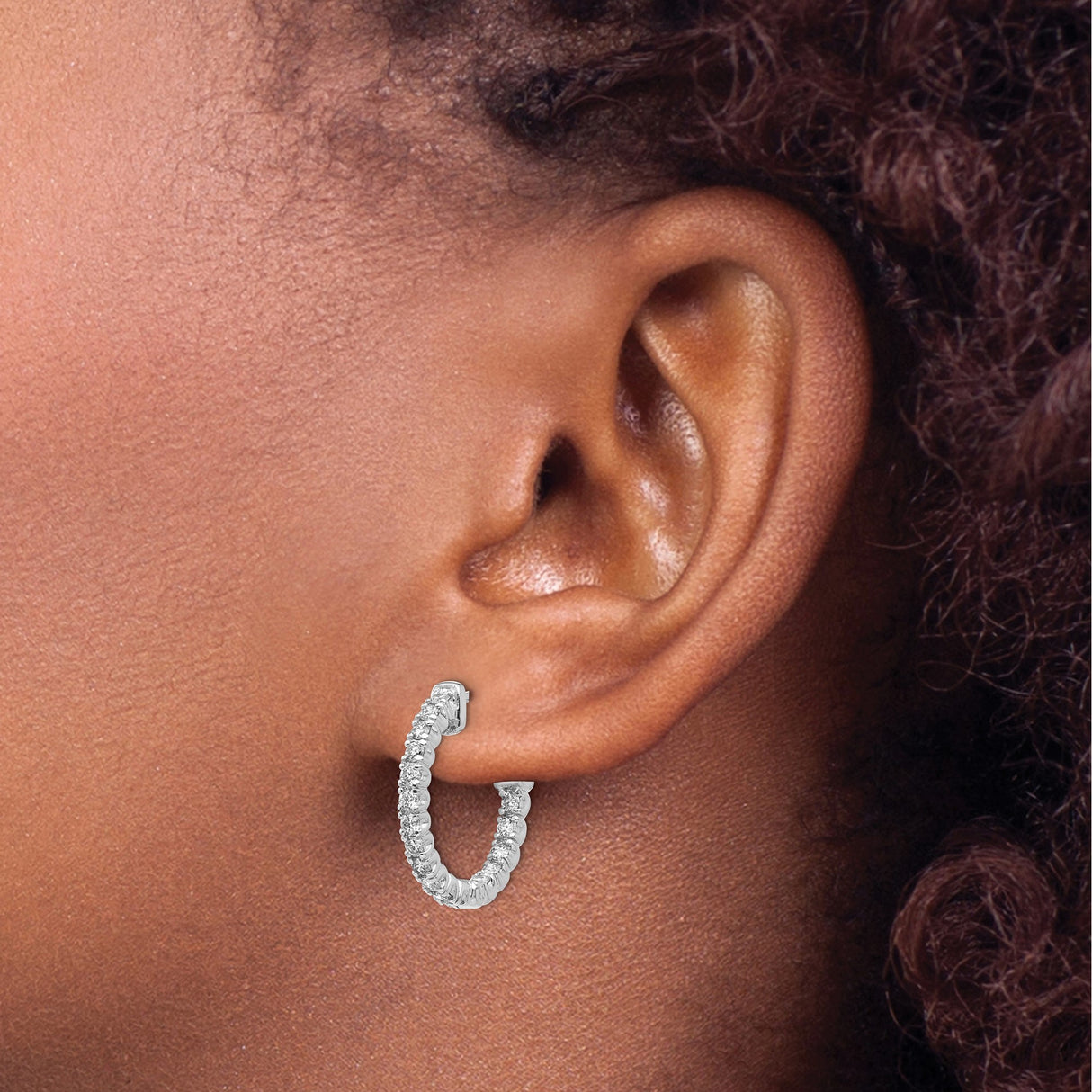 14k White Gold Hoop Earrings with Round Cut Diamonds, Hinged Closure, Polished Finish