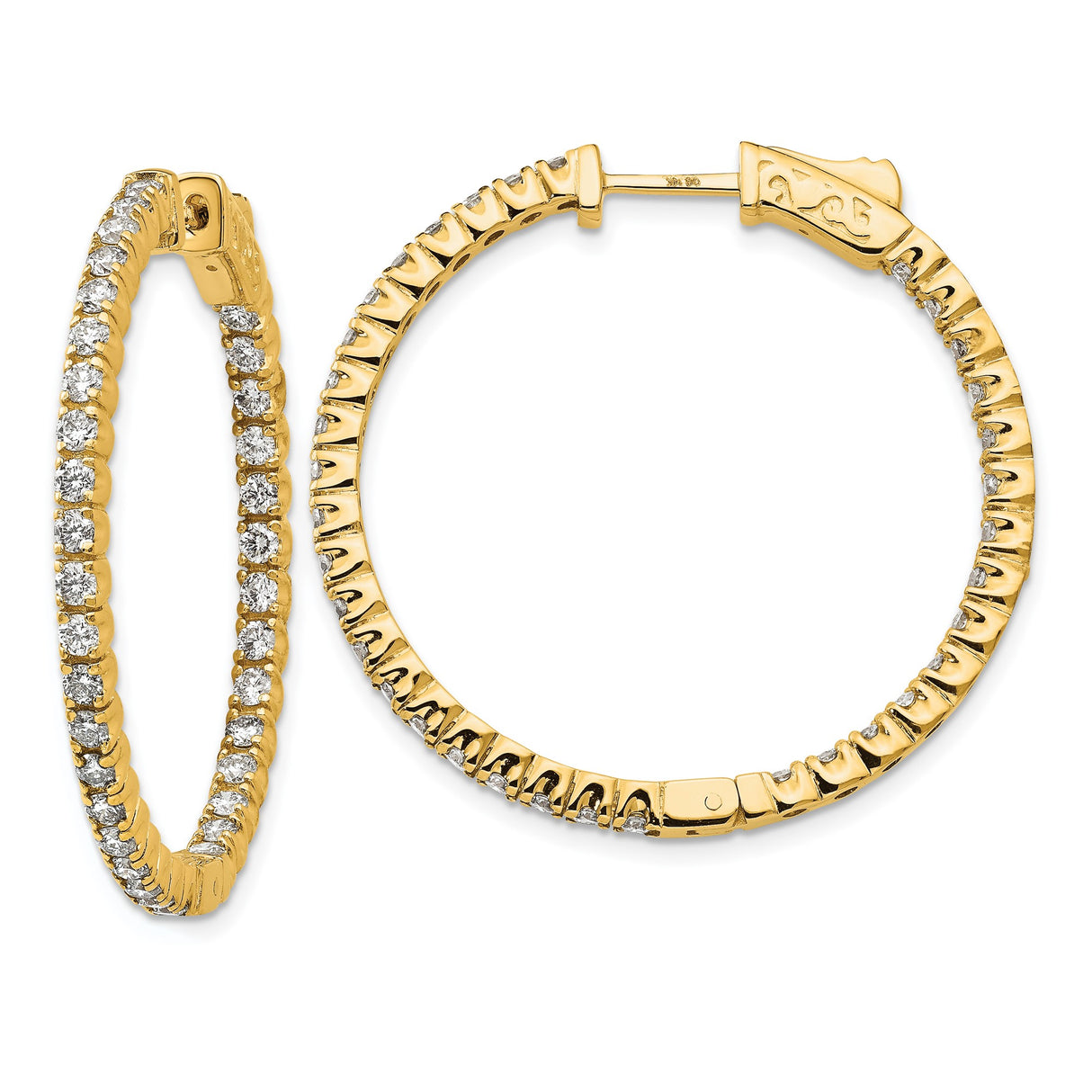 14k Yellow Gold Inside-Out Diamond Hoop Earrings for Women with Round Prong Set Diamonds, Classic Full Circle Hoops for Formal or Everyday Wear, Elegant Fine Jewelry with Polished Finish
