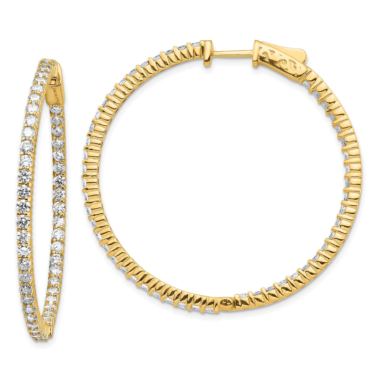 14k Yellow Gold Hoop Earrings with Prong Set Round Cubic Zirconia, Lightweight Full Circle Design