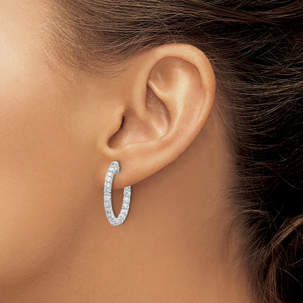14k White Gold Diamond Hoop Earrings, Round Cut Full Eternity Design for Women