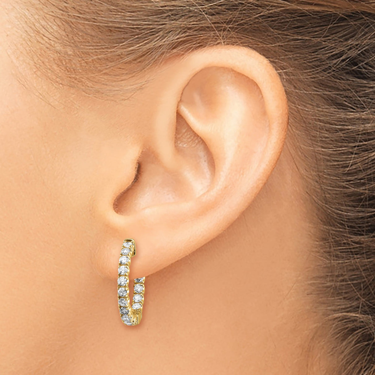 14k Yellow Gold Hoop Earrings with Diamond Cut Finish and Cubic Zirconia Prong Setting