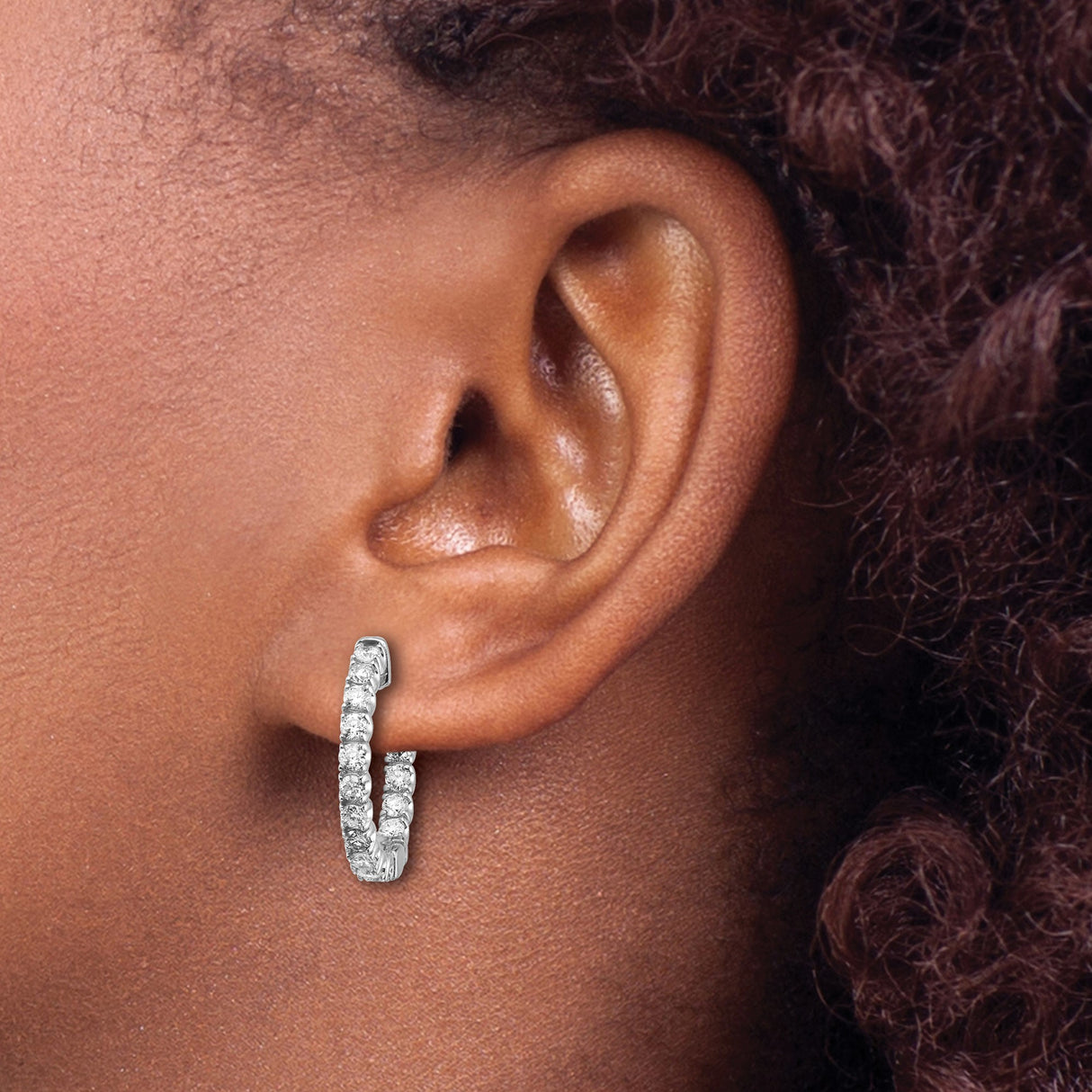 14k White Gold Hoop Earrings with Round Cubic Zirconia, Inner and Outer Sparkle Design