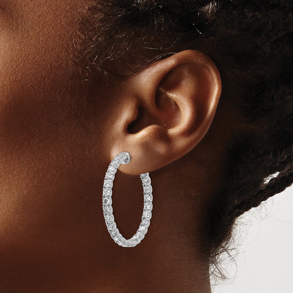 14k White Gold Hoop Earrings with Round Cut Diamonds, Inside-Out Full Circle Design