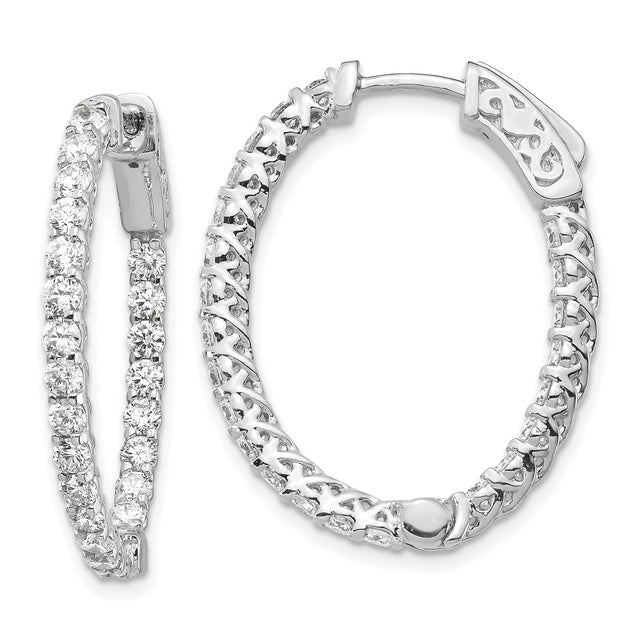 14k White Gold Hoop Earrings with Cubic Zirconia, Inside-Out Design, X-Pattern Filigree