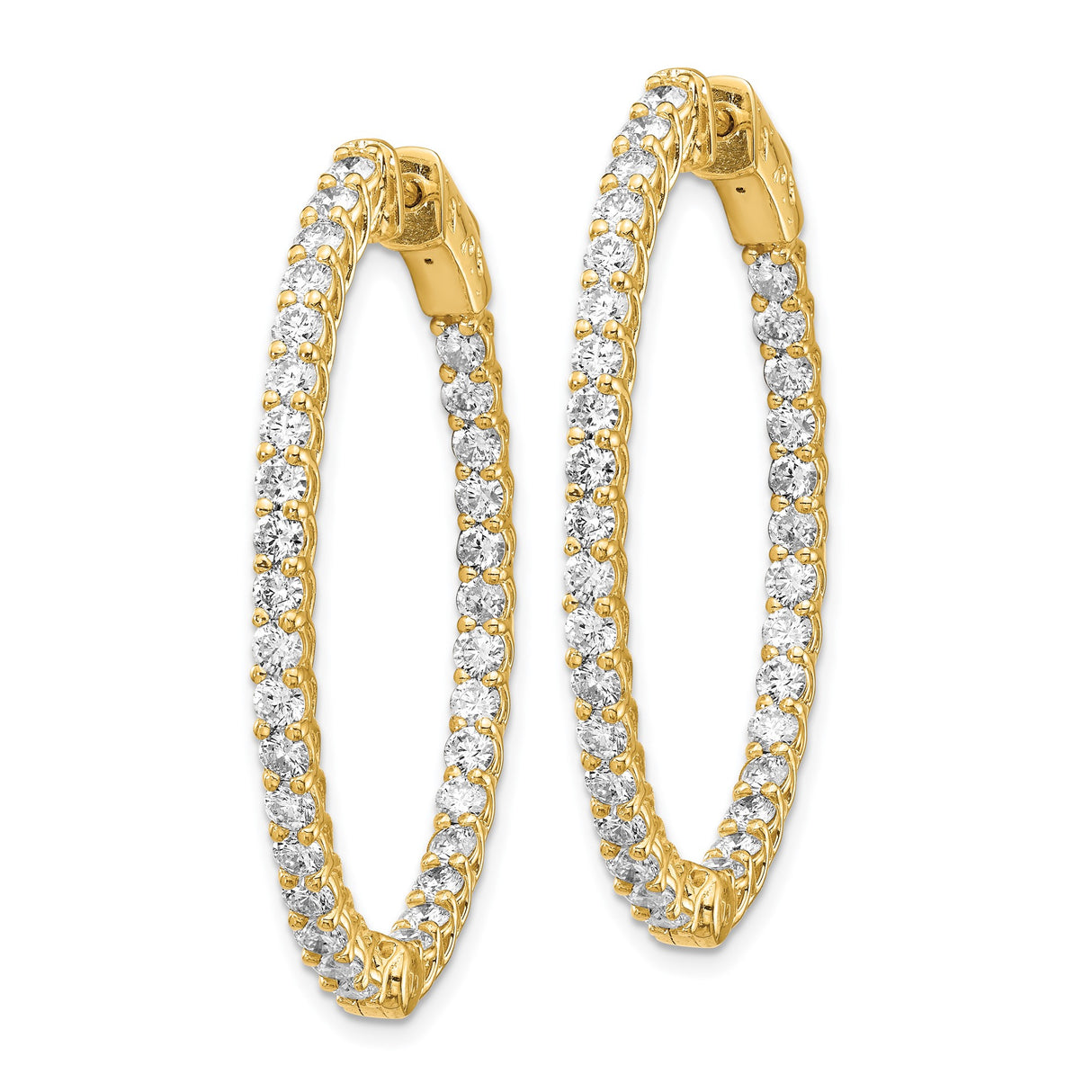 14k Yellow Gold Oval Hoop Earrings with Round Cut Cubic Zirconia, Inside-Out Lattice Design