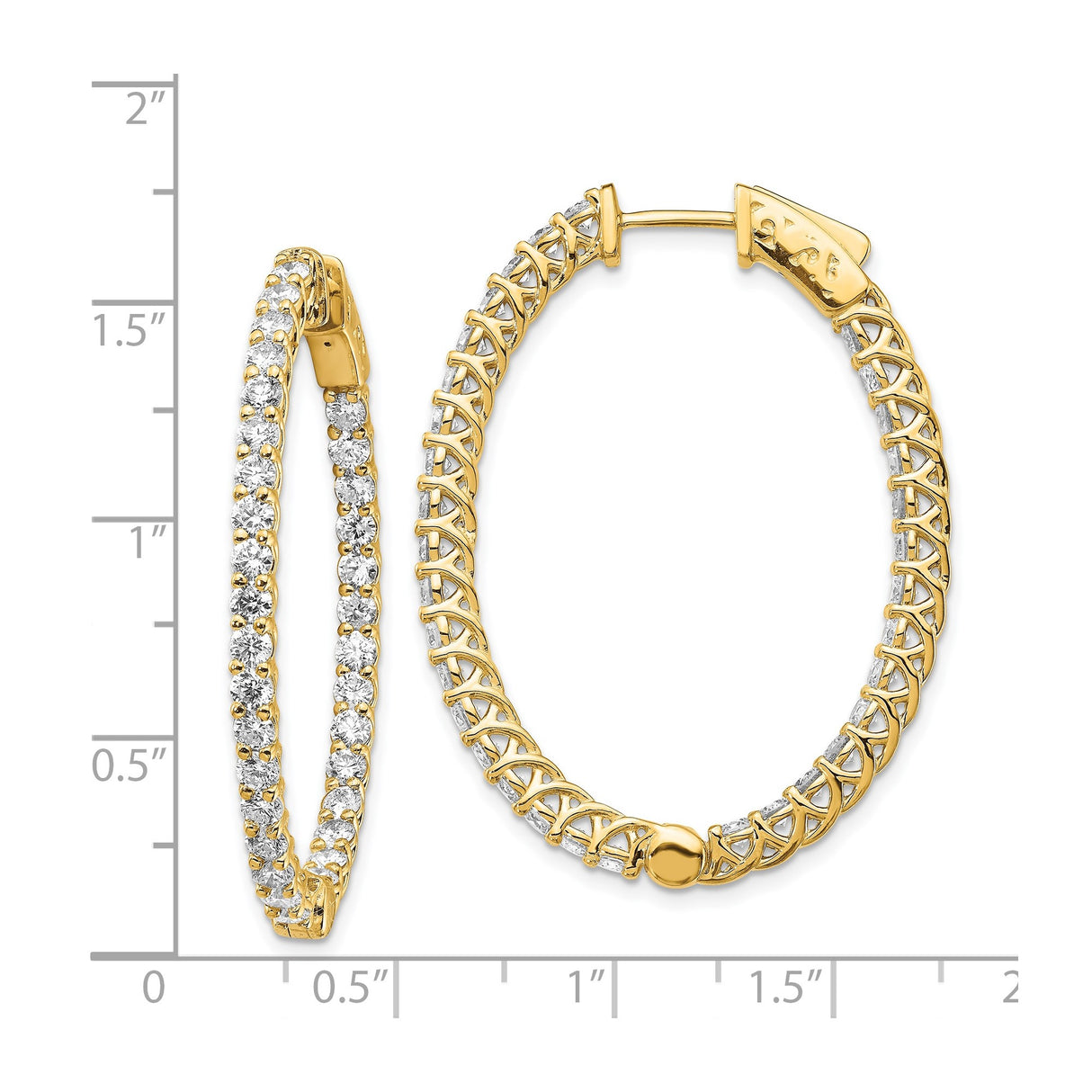 14k Yellow Gold Oval Hoop Earrings with Round Cut Cubic Zirconia, Inside-Out Lattice Design
