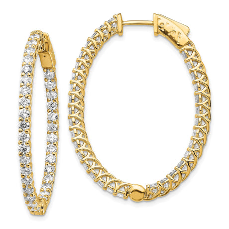 14k Yellow Gold Oval Hoop Earrings with Round Cut Cubic Zirconia, Inside-Out Lattice Design