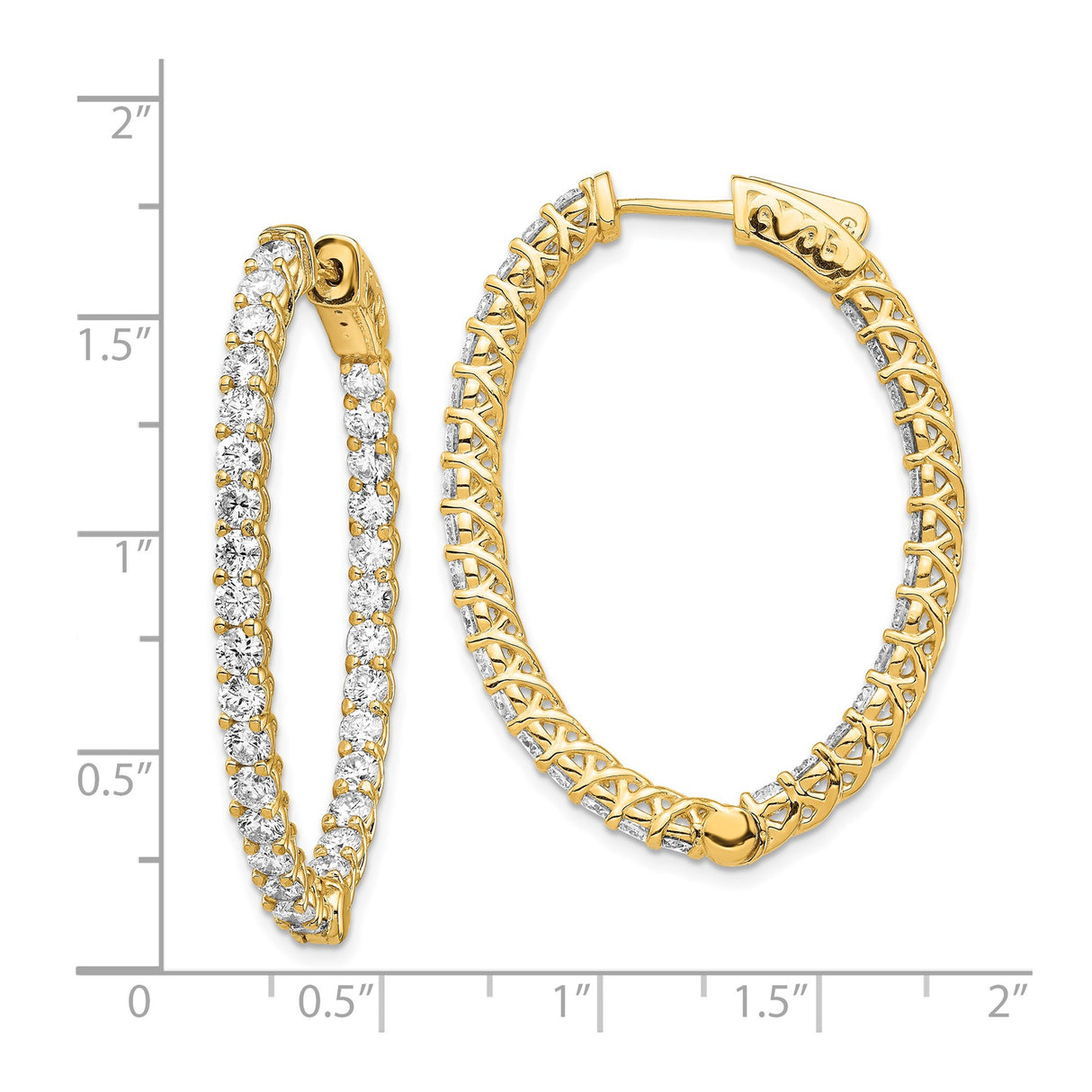 14k Yellow Gold Hoop Earrings with Cubic Zirconia, Inside-Out Lattice Oval Design for Women