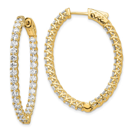14k Yellow Gold Hoop Earrings with Cubic Zirconia, Inside-Out Lattice Oval Design for Women