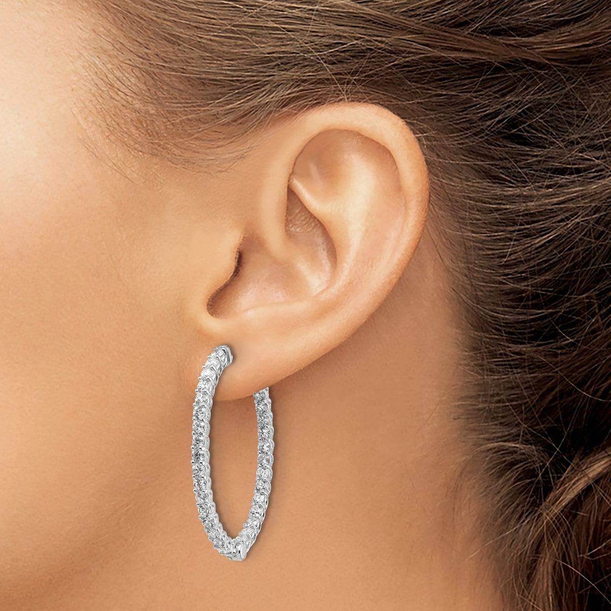 14k White Gold Hoop Earrings with Cubic Zirconia, Inside Outside Crisscross Design
