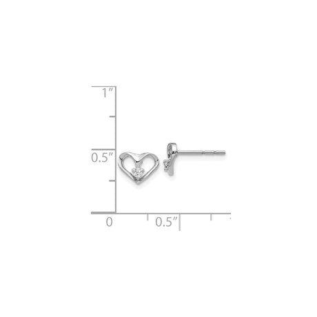 14k White Gold Heart Stud Earrings with Diamond Center, Open Heart Design for Women