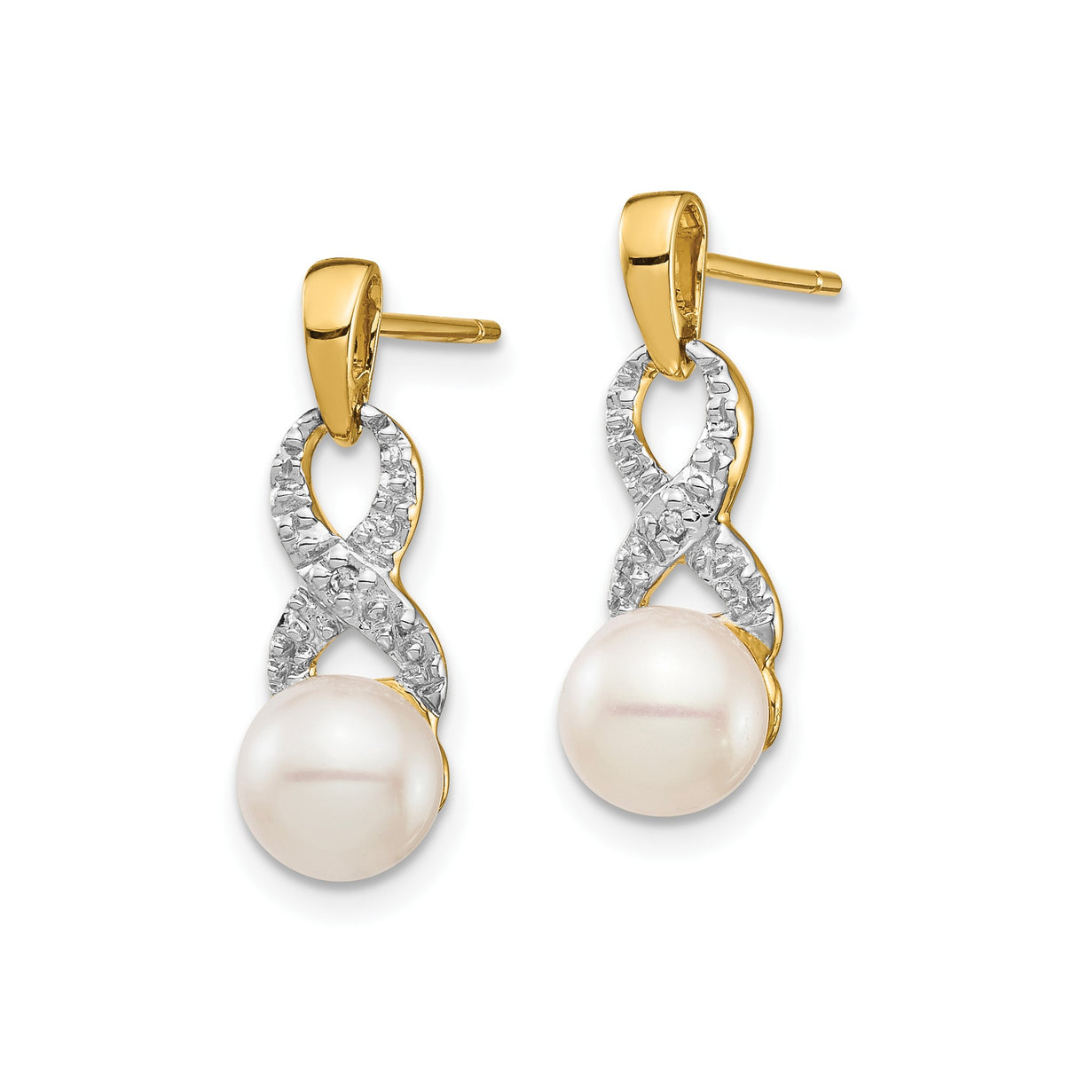 14k Yellow Gold Infinity Earrings with Cultured Pearl Drop and Diamond Accents