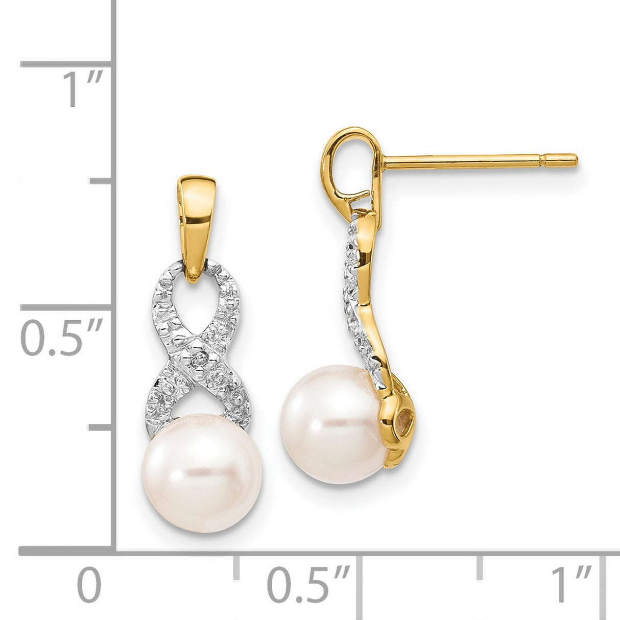14k Yellow Gold Infinity Earrings with Cultured Pearl Drop and Diamond Accents