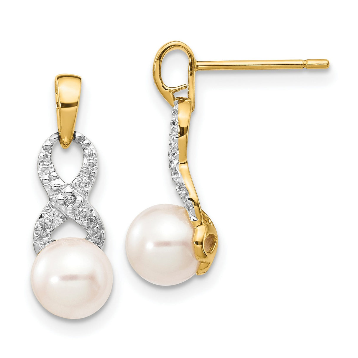 14k Yellow Gold Infinity Earrings with Cultured Pearl Drop and Diamond Accents