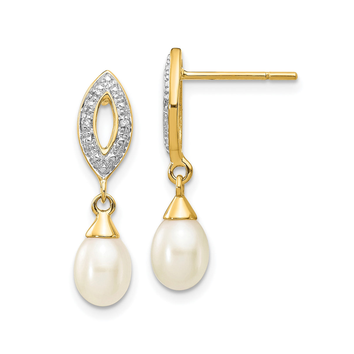 14k Yellow Gold Dangle Earrings with White Drop Pearls and Marquise Diamond Accents