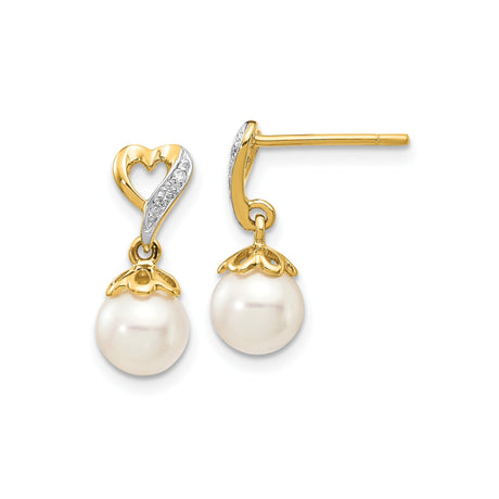 14k Yellow Gold Drop Earrings with Cultured Pearl and Diamond Accents, Open Heart Design