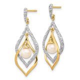14k Yellow Gold Dangle Earrings with Pearl Centerpiece and Diamond Accents, Teardrop Openwork Design