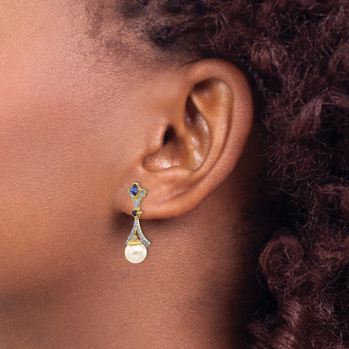 14k Yellow Gold Dangle Earrings with Cultured Pearls, Blue Sapphires, and Diamonds
