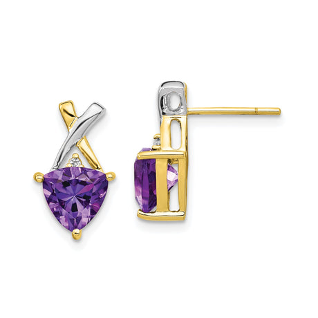 14k Yellow Gold Amethyst Stud Earrings with White Topaz Accents, Two-Tone Crossover Design