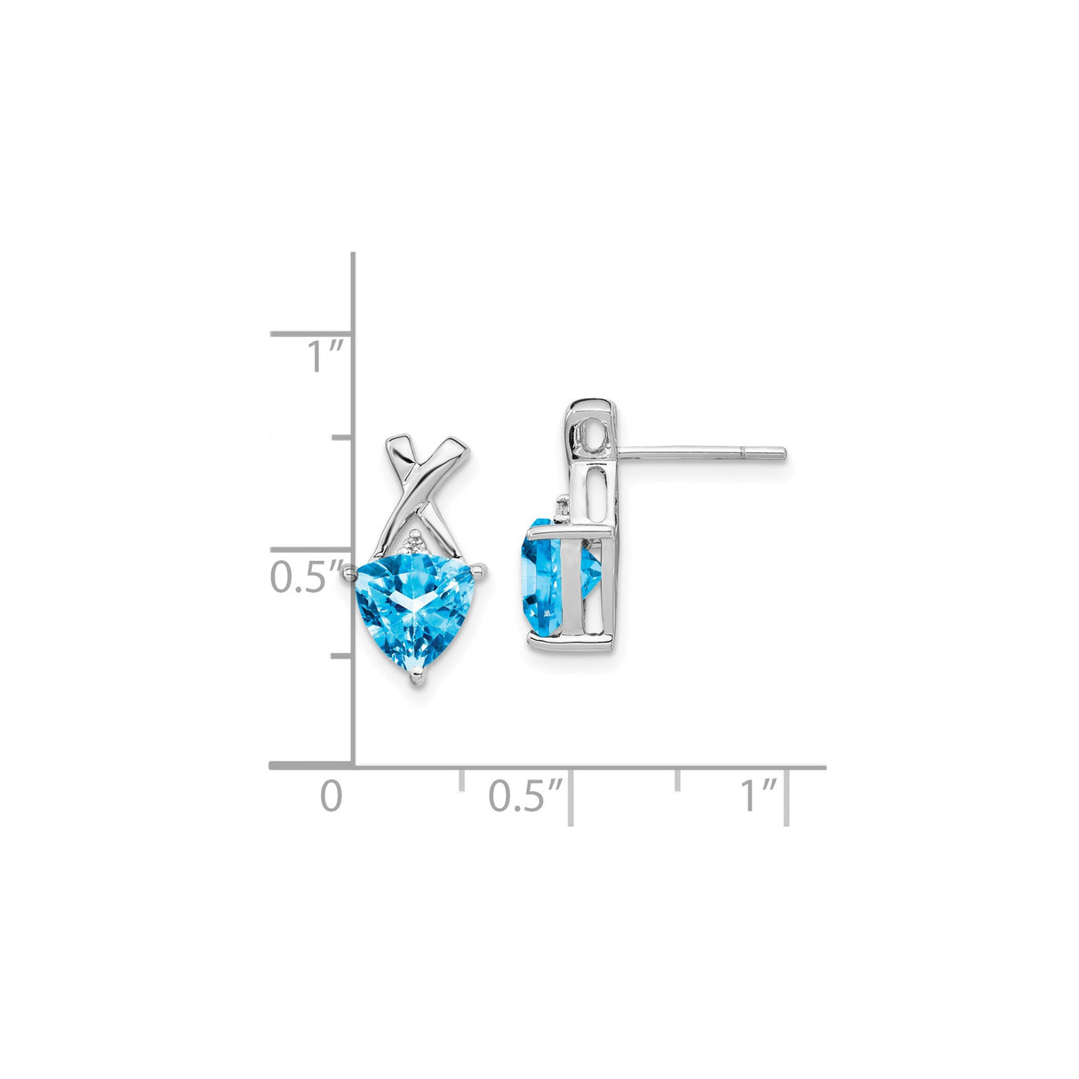 14k White Gold Stud Earrings with Heart Shaped Swiss Blue Topaz and Criss-Cross Design