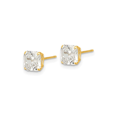 14k Yellow Gold Stud Earrings with Square Asscher Cut Cubic Zirconia, Solitaire Design