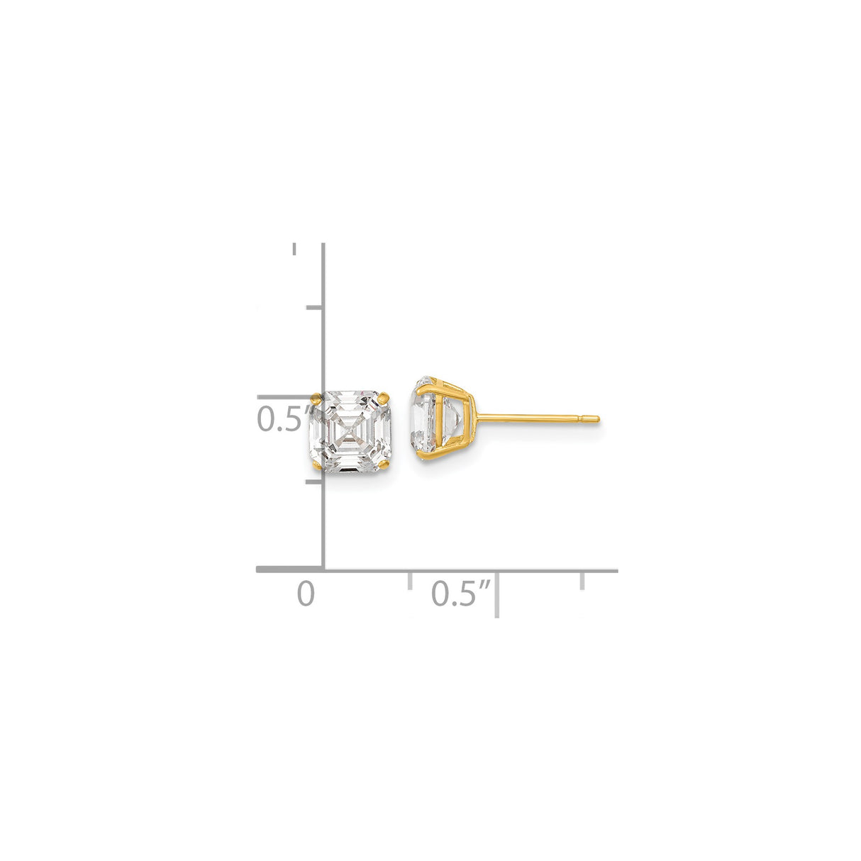 14k Yellow Gold Stud Earrings with Square Asscher Cut Cubic Zirconia, Solitaire Design