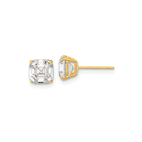 14k Yellow Gold Stud Earrings with Square Asscher Cut Cubic Zirconia, Solitaire Design
