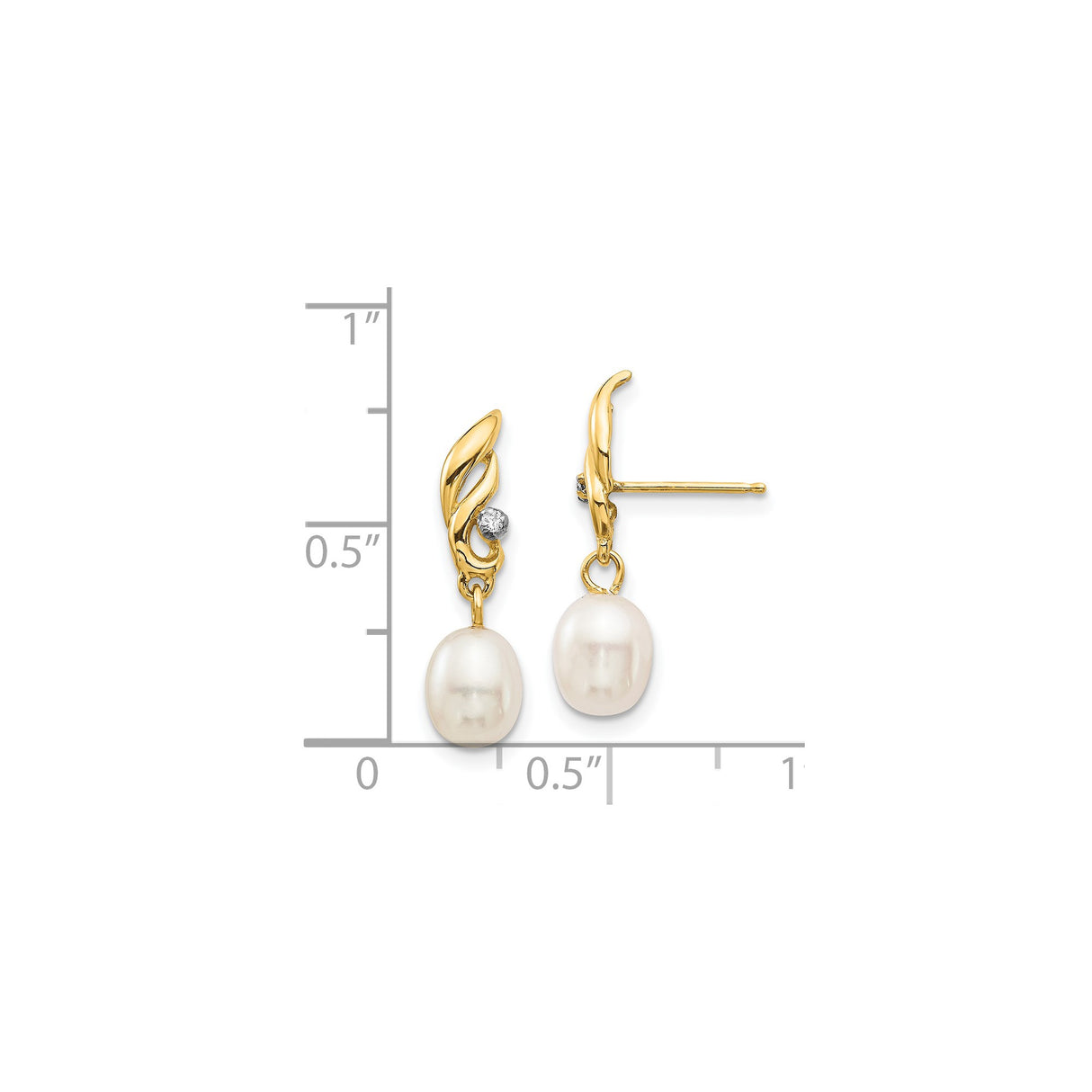 14k Yellow Gold Dangle Earrings with Freshwater Pearl Drop and Diamond Accent, Swirl Design