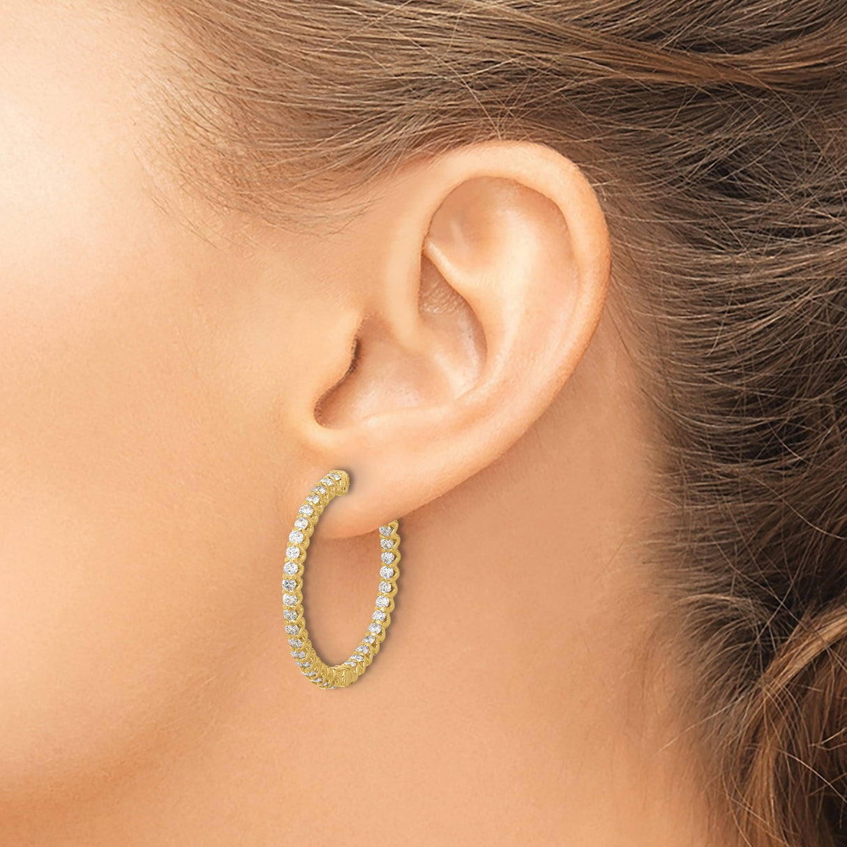 14k Yellow Gold Hoop Earrings with Diamonds, Full Circle Prong Set Zigzag Design