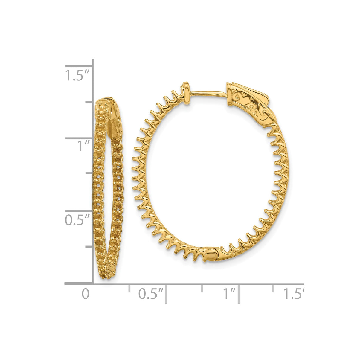 14k Yellow Gold Hoop Earrings with Diamond Accent, Zigzag Textured Design, Medium Oval Shape