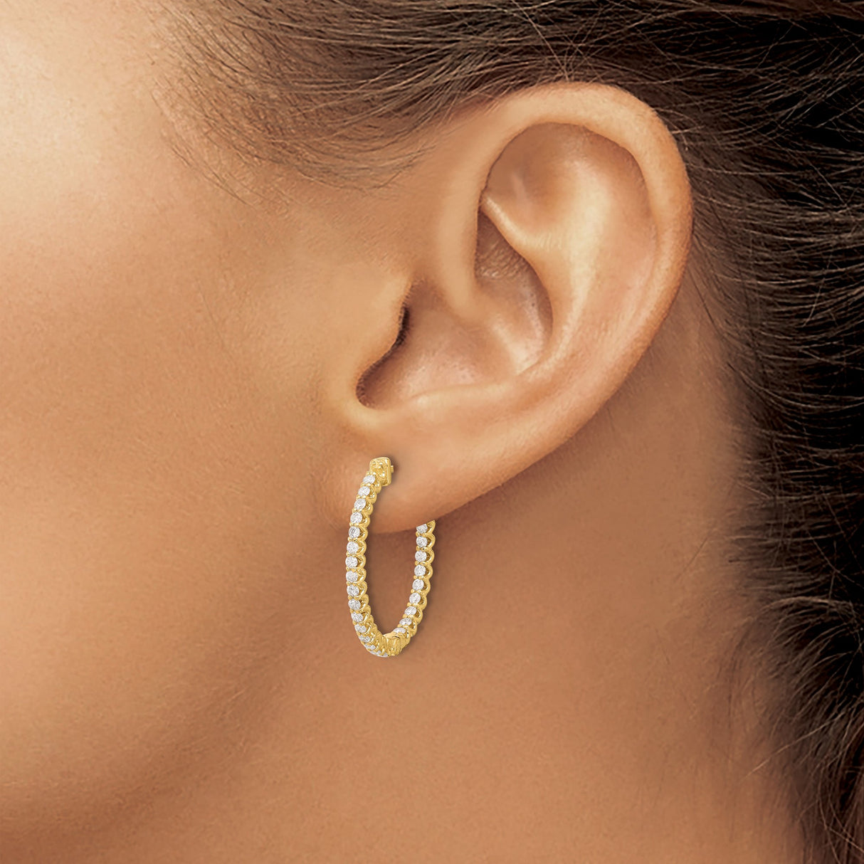 14k Yellow Gold Hoop Earrings with Round Cut Cubic Zirconia, Scrollwork Clasp Design