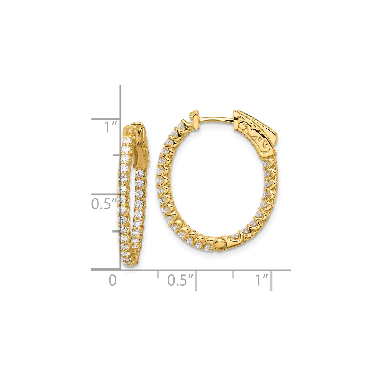 14k Yellow Gold Hoop Earrings with Round Cut Cubic Zirconia, Scrollwork Clasp Design