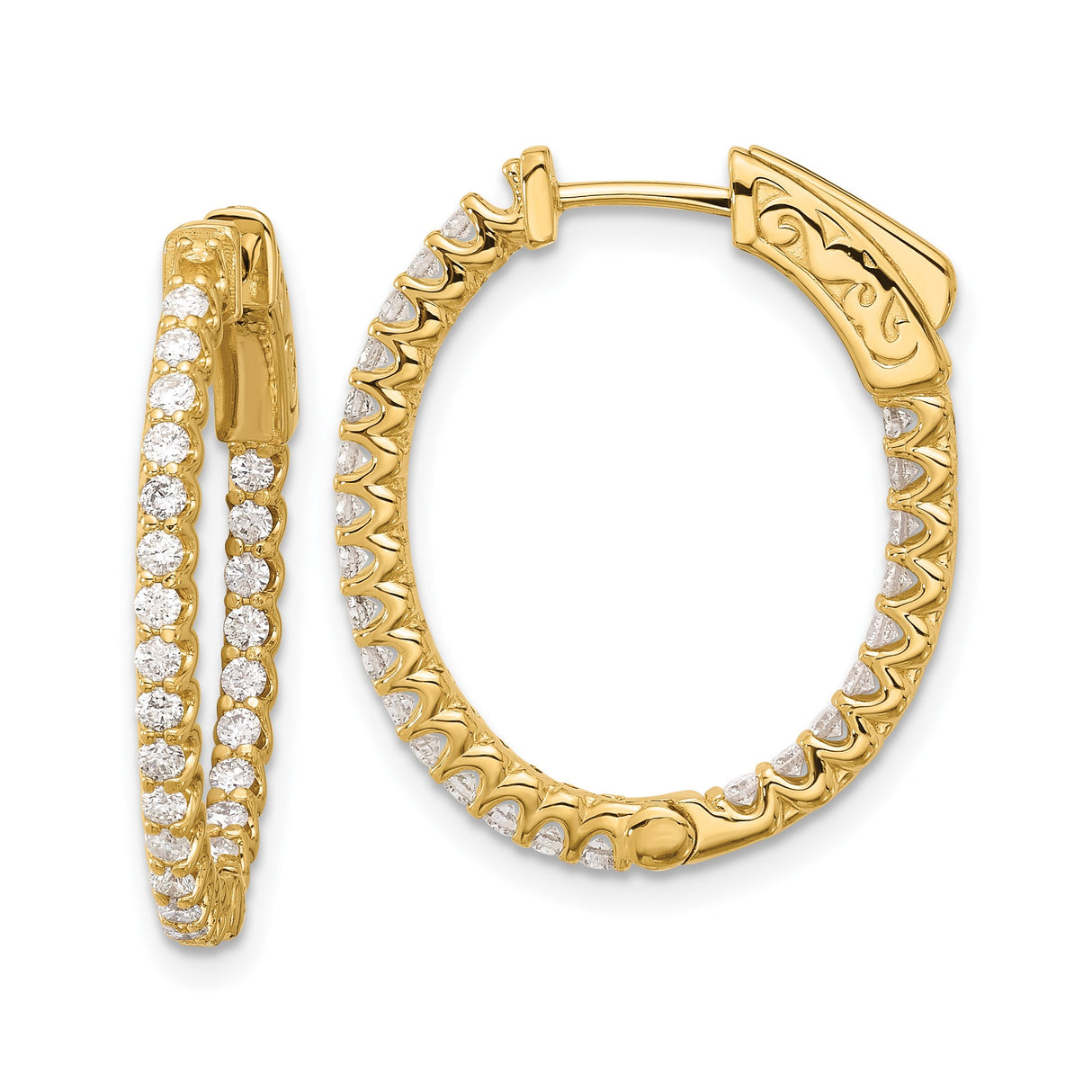 14k Yellow Gold Hoop Earrings with Round Cut Cubic Zirconia, Scrollwork Clasp Design