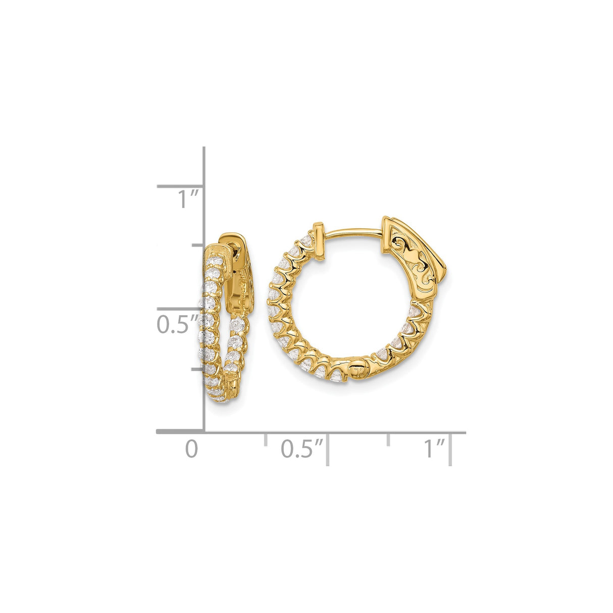 14k Yellow Gold Hoop Earrings with Round Cut Cubic Zirconia, Inside Out Scroll Design