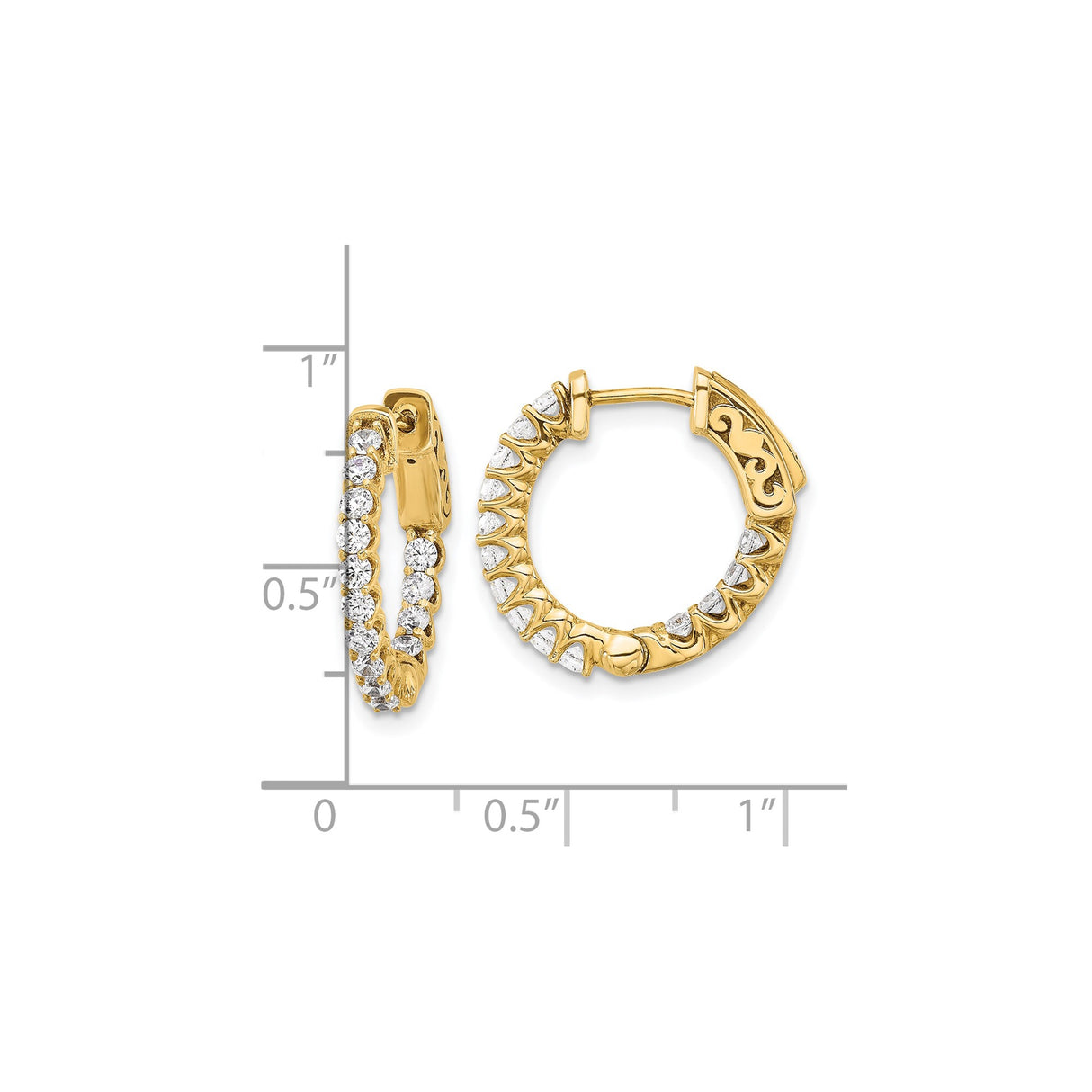 14k Yellow Gold Hoop Earrings with Round Cut Cubic Zirconia, Scroll Detail
