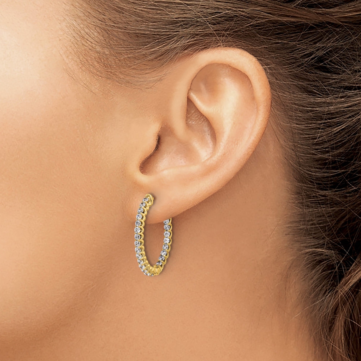14k Yellow Gold Hoop Earrings with Cubic Zirconia, Filigree Detailing, Classic Design for Women