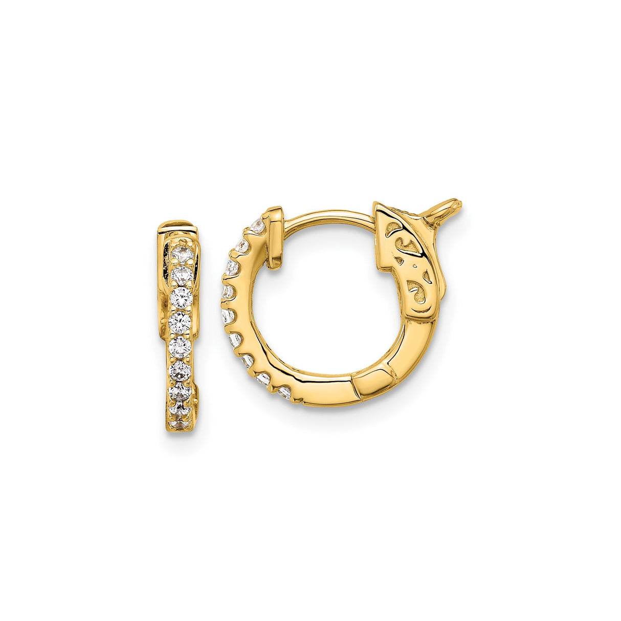 14k Yellow Gold Hoop Earrings with Cubic Zirconia, Scrollwork Pattern, Vintage Style