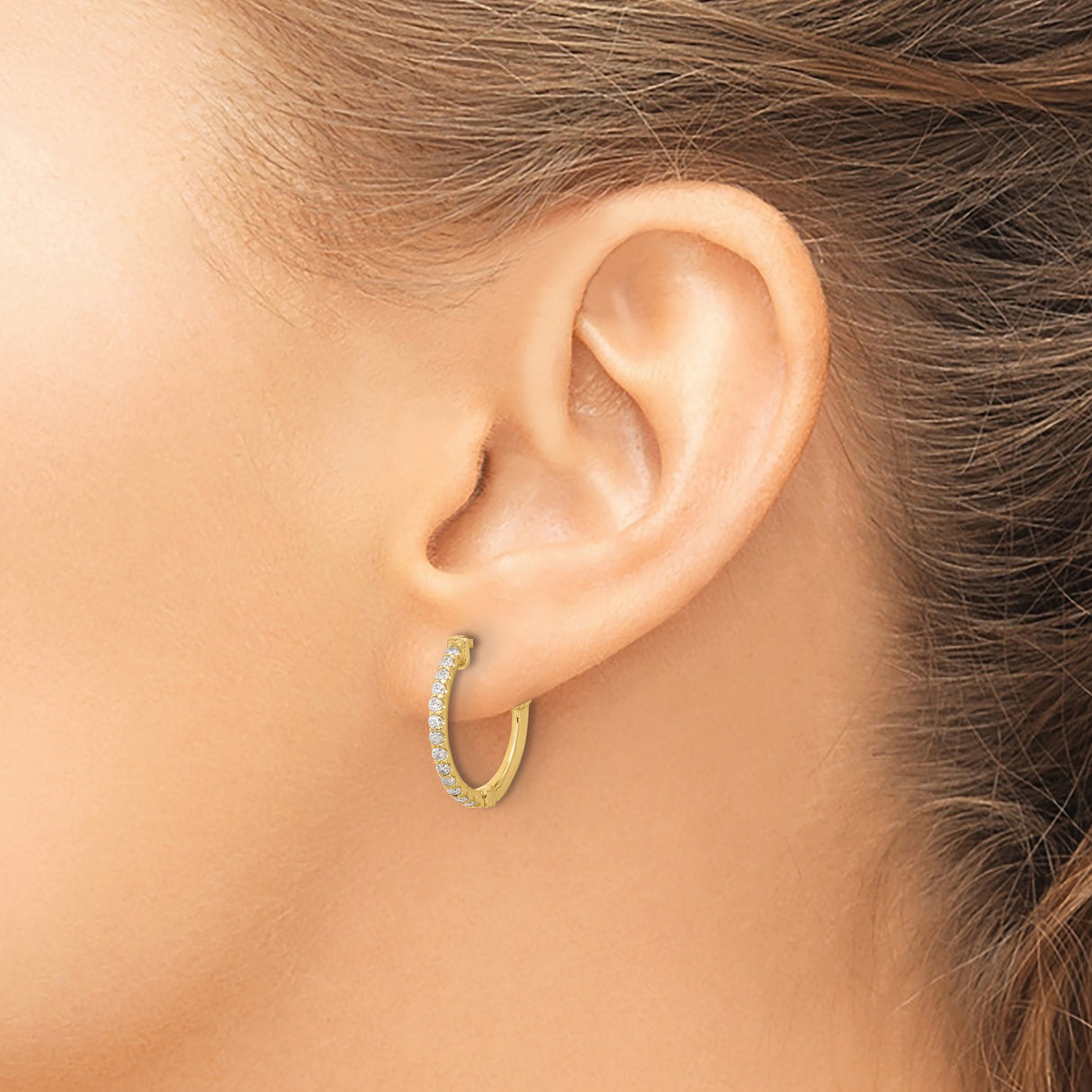 14k Yellow Gold Hoop Earrings with Round White Diamonds, Scroll Back Hinge Design