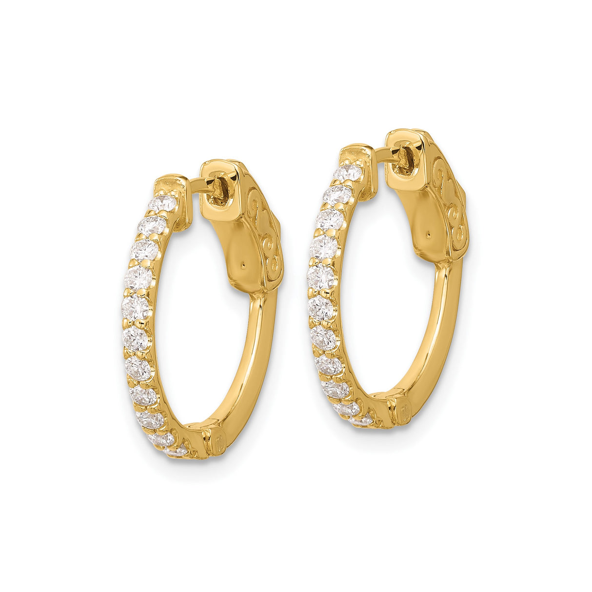 14k Yellow Gold Hoop Earrings with Round Cut Diamond in Channel Setting, Scroll Latch Back Design