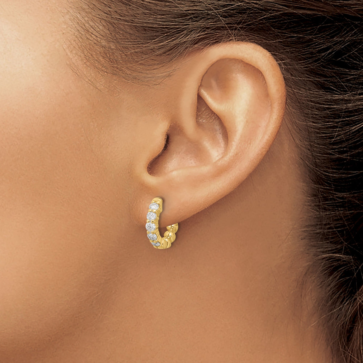 14k Yellow Gold Hoop Earrings with Diamond Accents, Prong Setting, Ornate Clasp Detail
