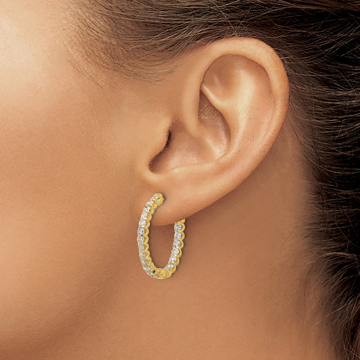 14k Yellow Gold Diamond Hoop Earrings with Inside-Out Pave Design, Classic Round Style for Women