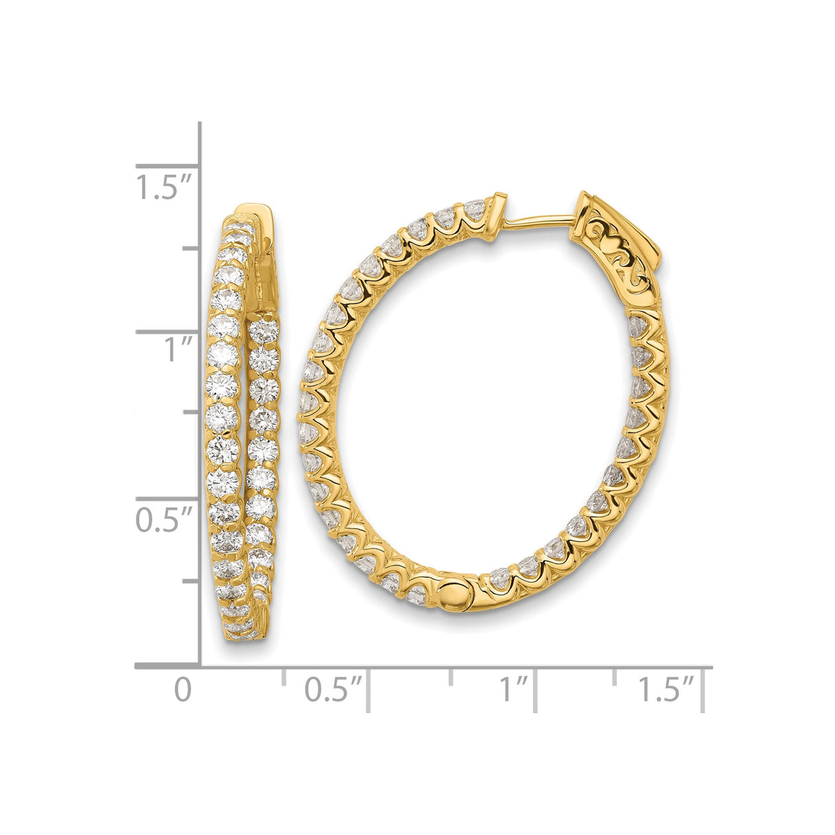14k Yellow Gold Oval Inside-Out Hoop Earrings with Cubic Zirconia, Prong Set Statement Jewelry