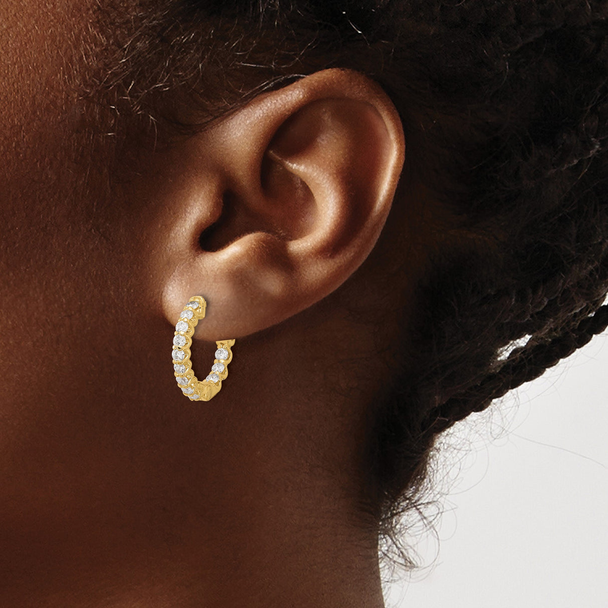 14k Yellow Gold Hoop Earrings with Round Cut Diamond Accents, Scroll Detail, Formal Style