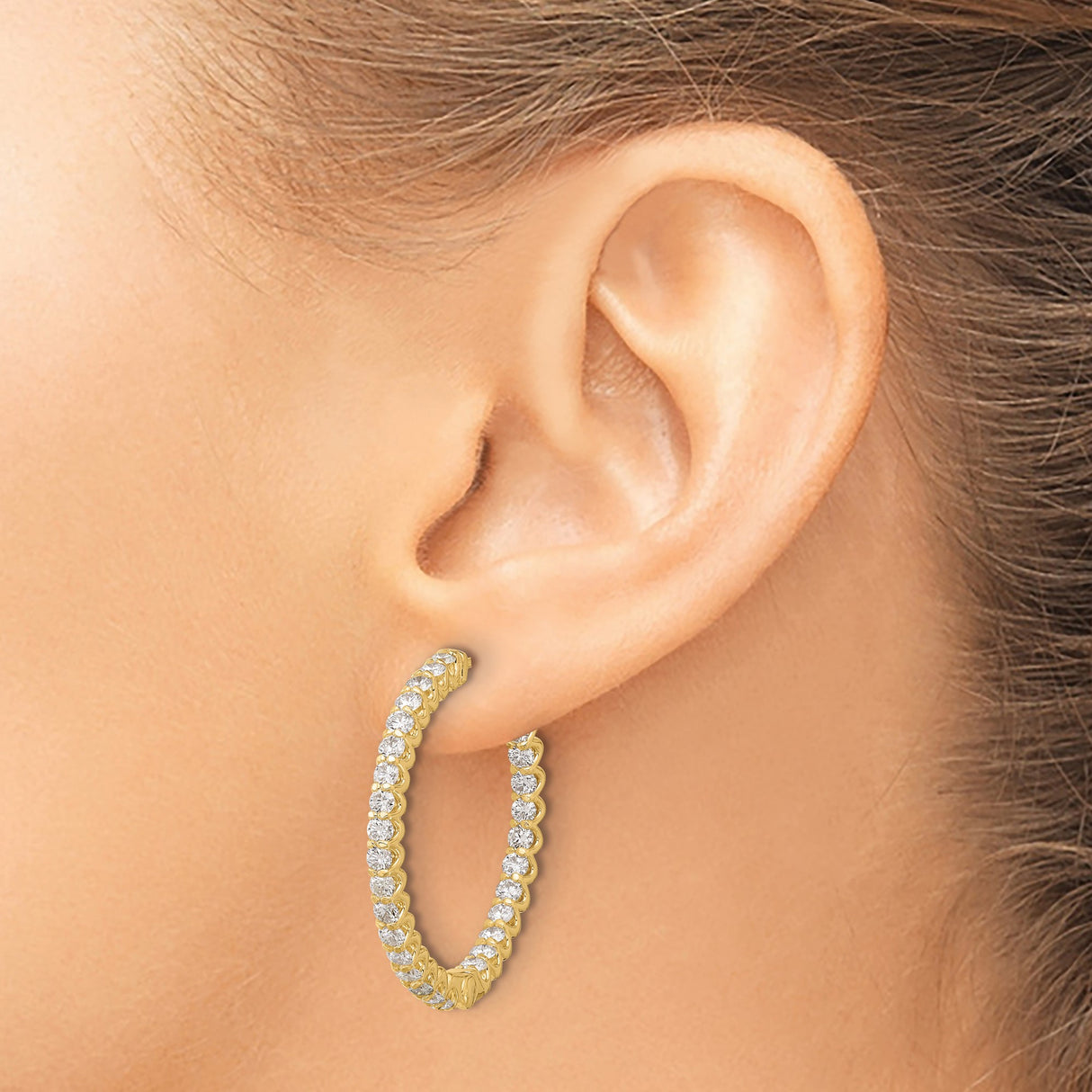 14k Yellow Gold Hoop Earrings with Cubic Zirconia, Inside Out Prong Set Round Cut Style