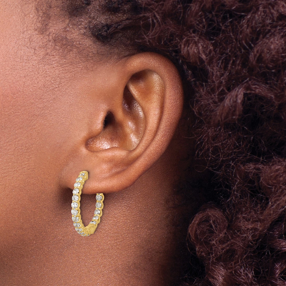 14k Yellow Gold Hoop Earrings with Cubic Zirconia, Inside-Out Prong Set, Scroll Design