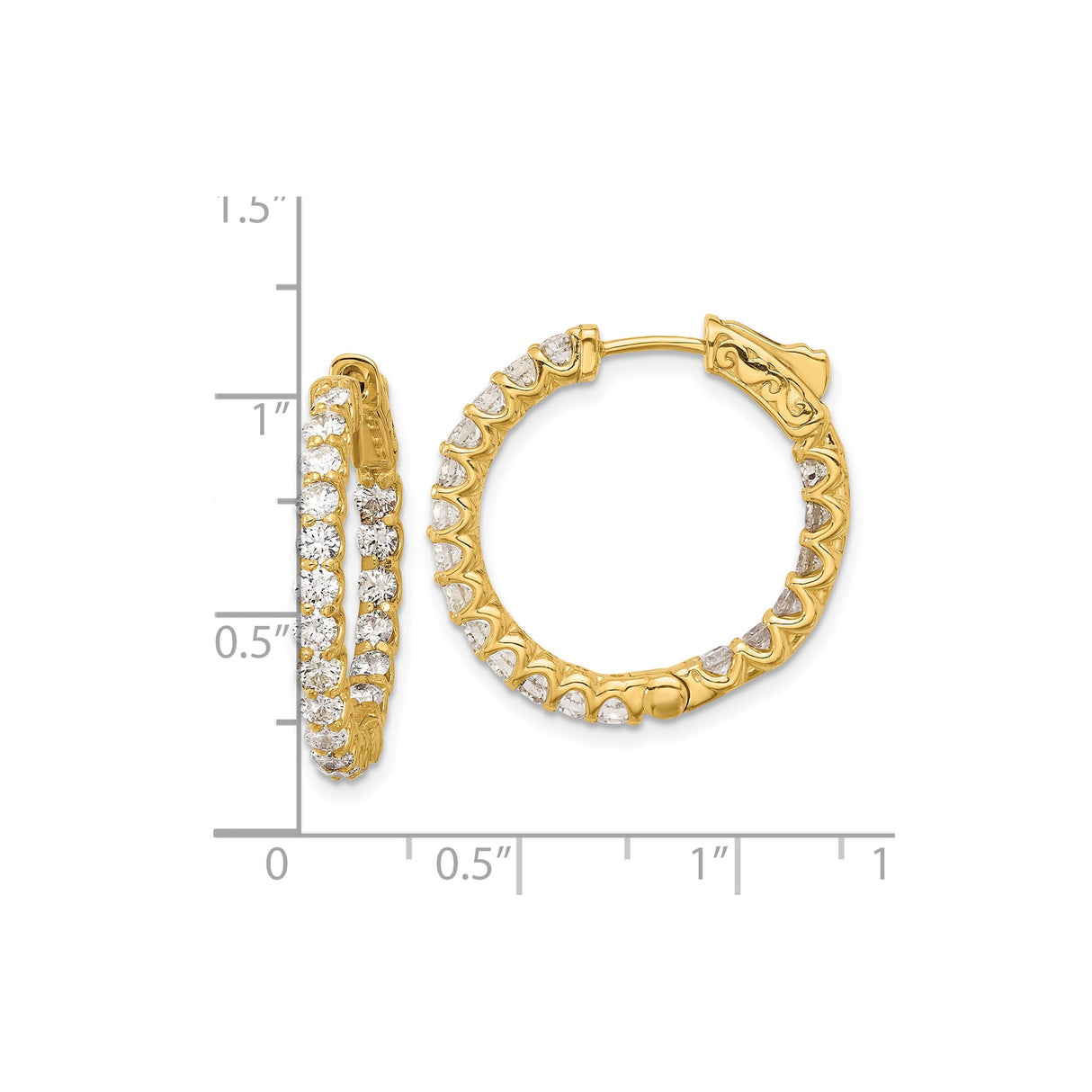 14k Yellow Gold Hoop Earrings with Cubic Zirconia, Inside-Out Prong Set, Scroll Design