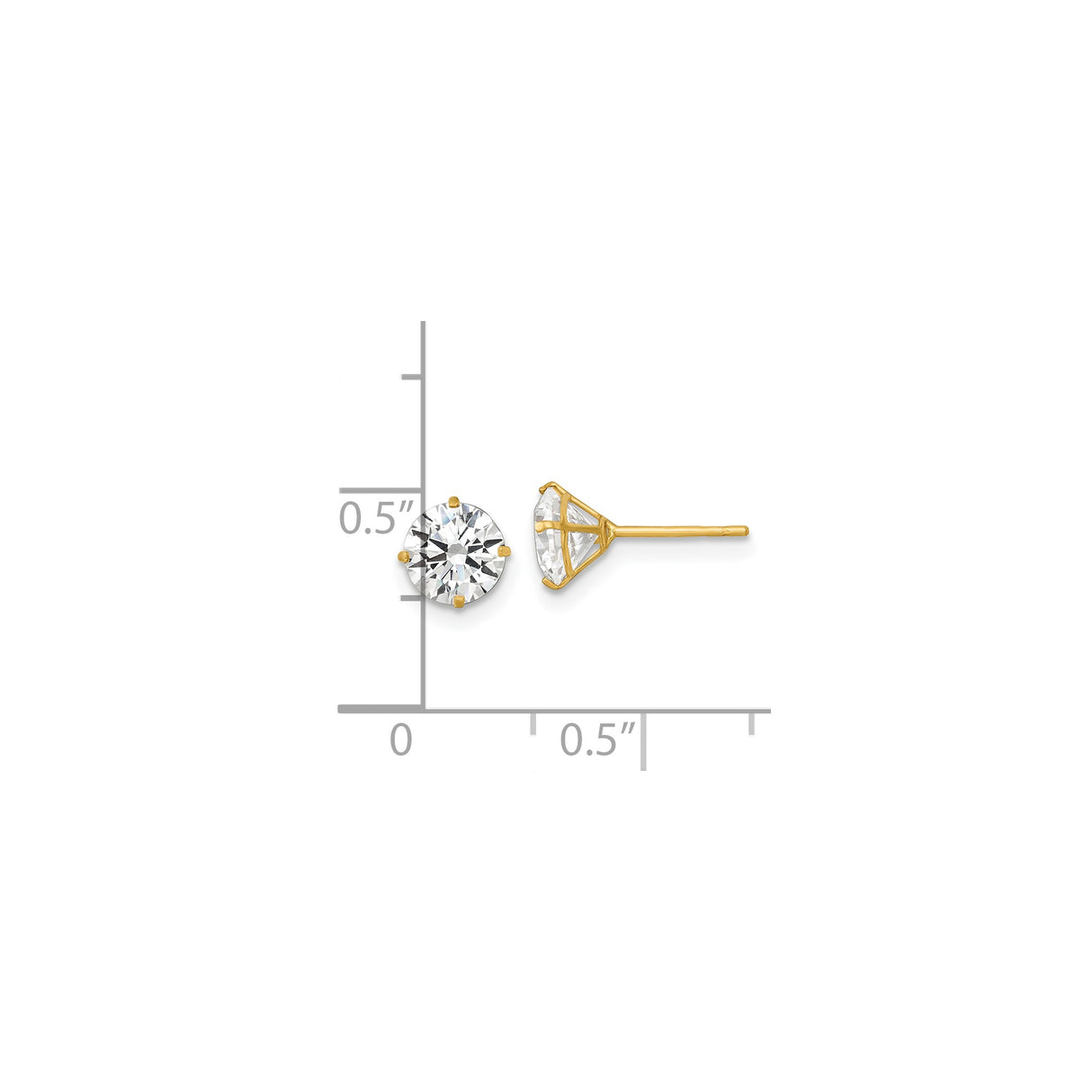14k Yellow Gold Stud Earrings with Round Cubic Zirconia, Solitaire Prong Setting